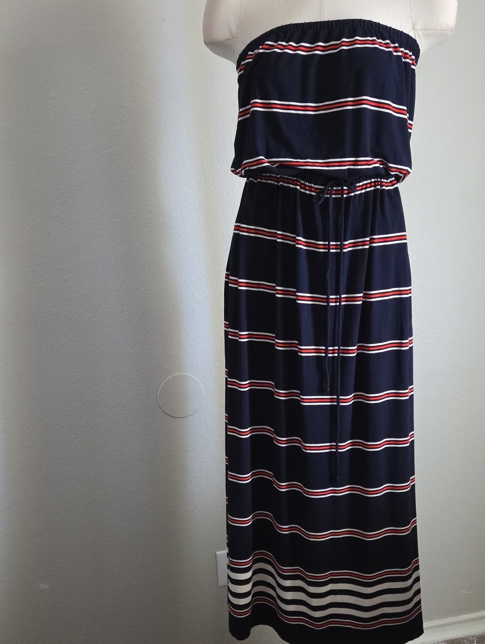 J. Crew Navy Strapless Maxi Dress with Red and White Stripes